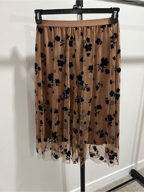 Women's Sheer Floral Midi Skirt - Black on Camel